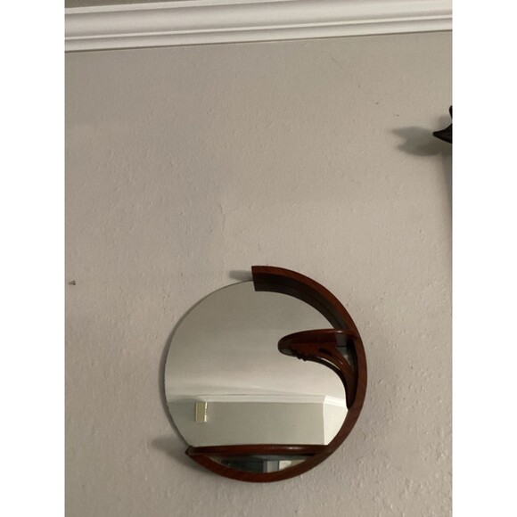 Vintage Wall Mirror 12" Diam Wooden Frame W/ Shelves Art Deco MCM - Picture 3 of 5